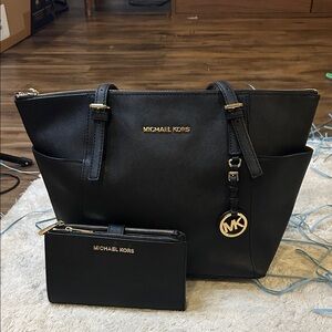 Michael Kors Saffiano Leather Black Tote and Wallet with Gold Hardware